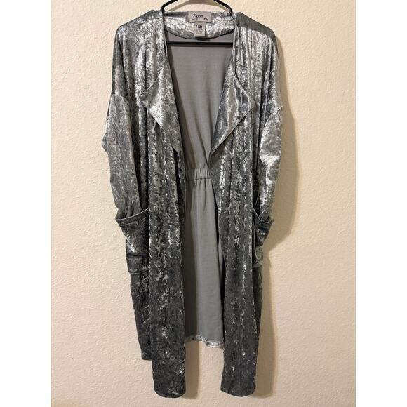 Vtg Spoon Brand Cardigan Women M Silver Velvet Open Front Waterfall Duster Pockt - Picture 3 of 8
